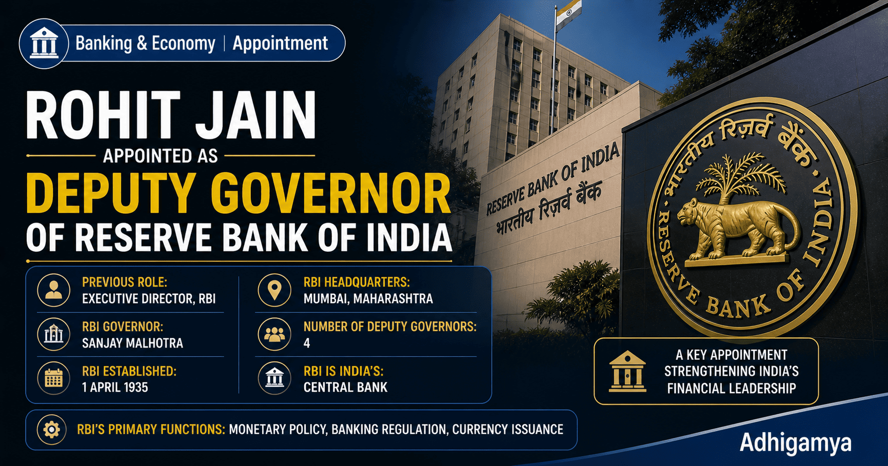 Rohit Jain Appointed as Deputy Governor of Reserve Bank of India