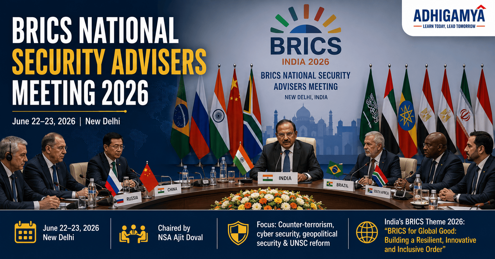 भारत ने 2026 BRICS अध्यक्षता के तहत 22-23 जून को नई दिल्ली में BRICS राष्ट्रीय सुरक्षा सलाहकारों की बैठक की मेजबानी की - NSA अजित डोभाल ने की अध्यक्षता