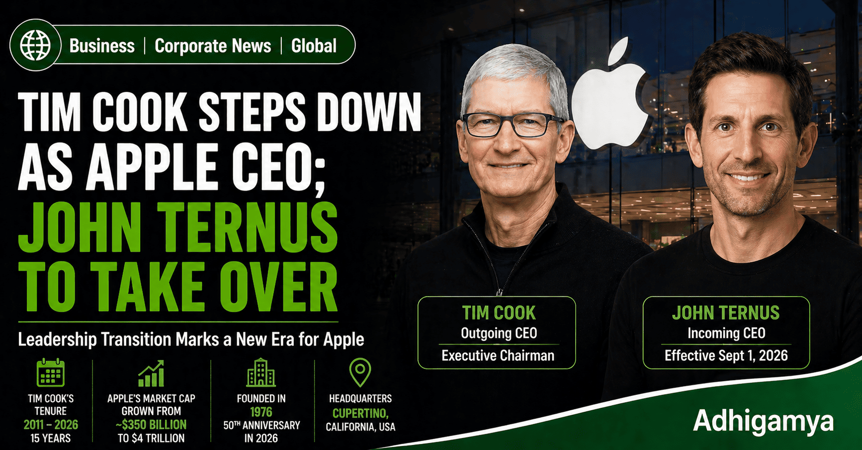टिम कुक Apple के CEO पद से हटे; जॉन टर्नस बनेंगे नए CEO